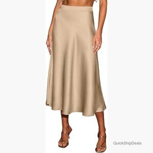 Satin A-Line Midi Skirt High Waist Flowy Cocktail Party